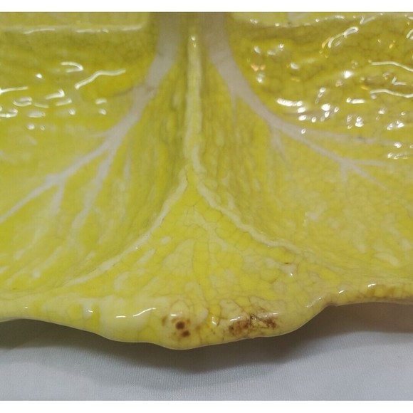 Vintage Portuguese Majolica Cabbage Leaf Yellow Divided Platter As Pictured - Picture 2 of 8